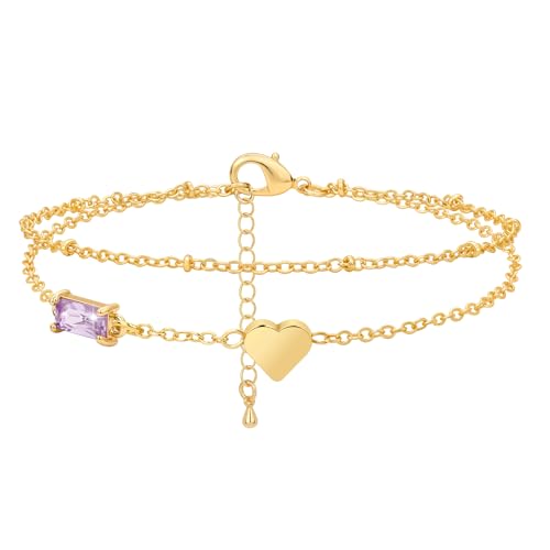 Birthstone Anklet with Heart Charm Layer Ankle Bracelet for Women, 14K Gold Plated Adjustable Chain Stackable Trendy Jewelry Gift for Her, Mom, Friend, Wife - style: 6-June