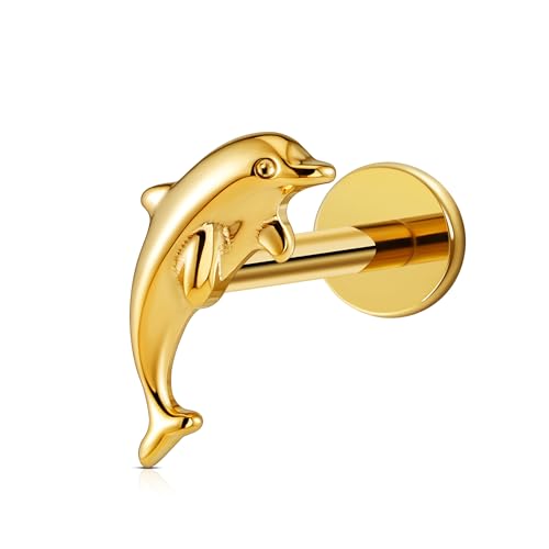 FINE4U 1PC 16G ASTM F136 Titanium Octopuses Piercings Jewelry with 6mm 8mm Post for Conch Helix Flat Labret 16G 6mm 8mm - color: Dolphins - Gold