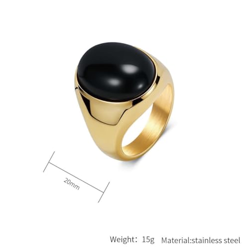 PAURO Men's Stainless Steel Oval Gemstone Signet Rings Minimalist Polish Plain Wedding Band - color: Gold Plated Black