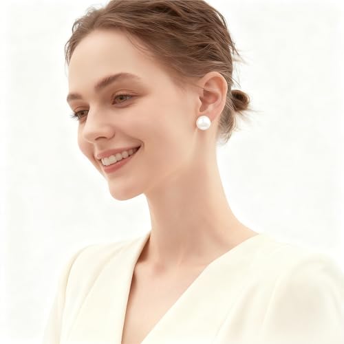 White Faux Pearl Stud Earrings, S925 Silver Posts Hypoallergenic for Women - color: White, size: 14mm