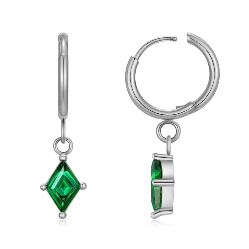 Surgical Steel Hoop Earrings for Women - Hypoallergenic Small Cartilage Huggies with Cubic Zirconia Dangle - color: Green-Stainless Steel