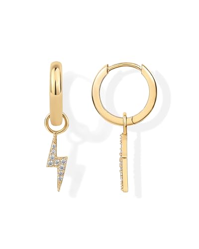 PAVOI 14K Gold Plated S925 Sterling Silver Post Lightweight Drop Dangle Huggie Hoop Earrings for Women | Star, Lock, Pearl, Cross, Lightening, Coin | Dainty Earrings - style: Lightning
