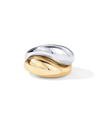 PAVOI 14K Gold Plated Mixed Metal Chunky Two Tone Wavy Dome Rings Pack for Women | Statement Ring Set