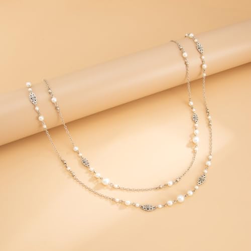 Long Pearl Necklaces for Women Pearl Long Chain Necklace Gold Chain Dainty Delicate Station Necklace Jewelry for Dress Party - color: 2Layer Silver