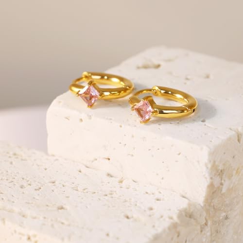 316L Surgical Steel Birthstone Hoop Earrings for Women | Lightweight, 5A Cubic Zirconia, Hypoallergenic, Lead & Nickel Free, 8mm Huggie Hoops - color: 18k gold-plated: 10. October (Tourmaline)