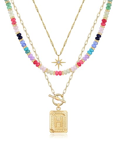 MJartoria Layered Initial Necklaces for Women | 14K Gold Plated Brass, Star Choker, Colorful Beaded, Square Letter Pendant, - color: Gold Plated, style: H