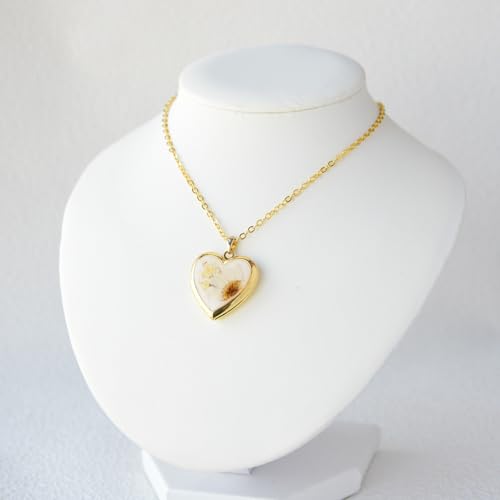Heart Locket Necklace That Holds Pictures Pressed Flower Photo Locket Pendant Necklace for Girl Women Gift for Her - style: White Daisy