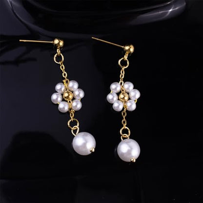 Pearl Jewelry Set for Women Pearl Necklace and Earring Set Bridal Jewelry Set for Wedding Elegant Pearl Jewelry - color: B0:Gold Pearl Flower Set
