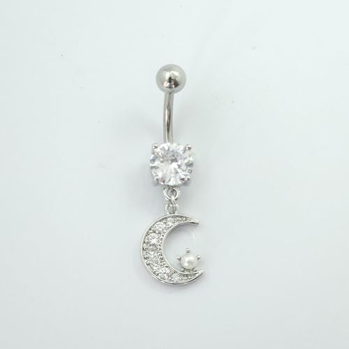 14G Surgical Steel CZ Moon Dangle Belly Button Rings for Women Tiny Faux Pearl Paved Crystal Crescent Moon Dangling Belly Rings Navel Curved Barbell Piercing Jewelry