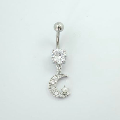 14G Surgical Steel CZ Moon Dangle Belly Button Rings for Women Tiny Faux Pearl Paved Crystal Crescent Moon Dangling Belly Rings Navel Curved Barbell Piercing Jewelry