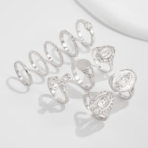 Chunky Gold Rings for Women Rhinestone Stackable Knuckle Ring Set Open Adjustable Statement Ring Set Dainty Crown Cross Midi Rings Fashion Jewelry Gift for Women - color: Silver3