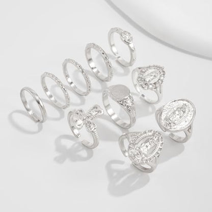Chunky Gold Rings for Women Rhinestone Stackable Knuckle Ring Set Open Adjustable Statement Ring Set Dainty Crown Cross Midi Rings Fashion Jewelry Gift for Women - color: Silver3