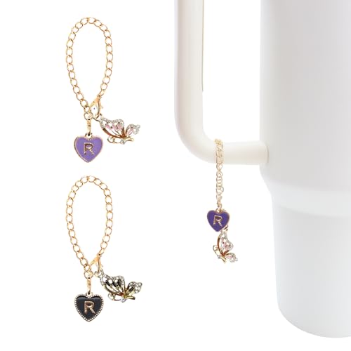 Rhinestones Letter Pendant for Stanley Cup,2PCS Initial Name ID Personalized Handle Charm for Water Bottle Tumbler Stanley Cup,Heart Shape & Four Leaf Clover Identification Charms Chain - color: black and purple, size: Purple butterfly-R