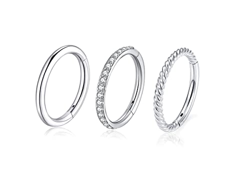 16G 18G 6mm 8mm 10mm Hinged Clicker Segment CZ Twisted Clicker Nose Rings Hoop Helix Cartilage Daith Tragus Sleeper Earrings Body Piercing for Women Men - style: 16G - 8mm - 3Pcs Steel