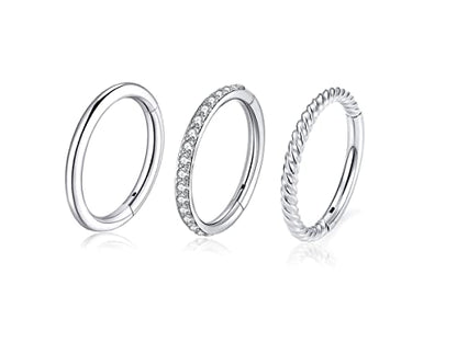 16G 18G 6mm 8mm 10mm Hinged Clicker Segment CZ Twisted Clicker Nose Rings Hoop Helix Cartilage Daith Tragus Sleeper Earrings Body Piercing for Women Men - style: 16G - 8mm - 3Pcs Steel