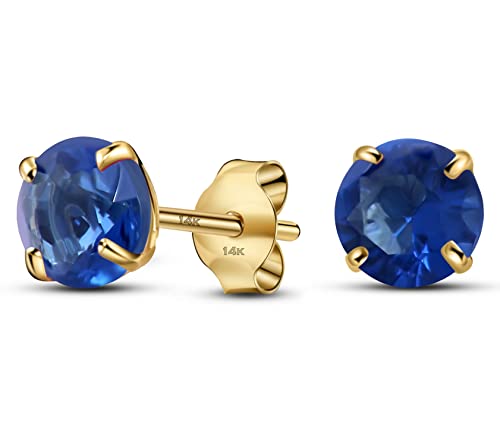 Solid 14K Yellow Gold Round Solitaire Simulated-Birthstone Minimalist Stud Earring - color: 09-September, size: 6mm