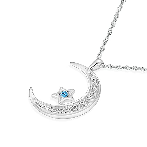 Sterling Silver Crescent Moon Star Necklace Cubic Zirconia Jewelry for Teen & Women Ladies Dainty 18" Chain - color: Lake Blue