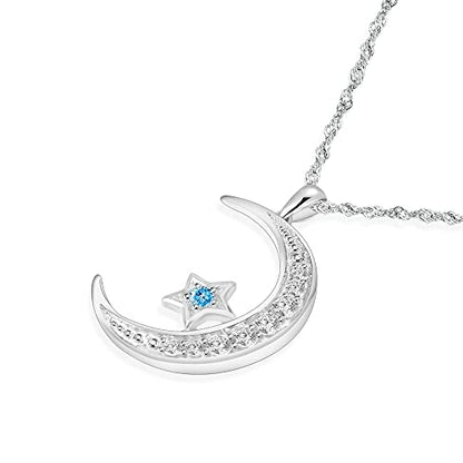 Sterling Silver Crescent Moon Star Necklace Cubic Zirconia Jewelry for Teen & Women Ladies Dainty 18" Chain - color: Lake Blue