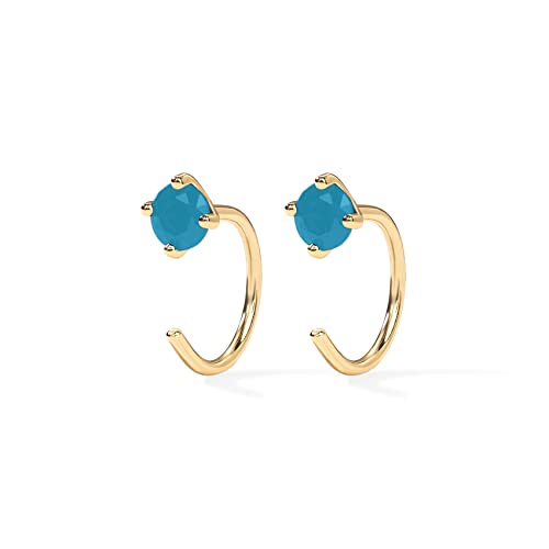 PAVOI 14K Gold 925 Sterling Silver Huggie Half Hoop Earrings for Women | Tiny Boho Colored Cartilage Earring | Blue, Green, Amethyst, Garnet, Black CZ, Turquoise, Opal, Pearl - style: Turquoise
