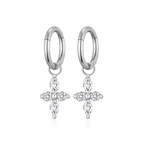 Ourania 16G Gold Stainless Steel Zircon Dangle Huggie Hoop Rook Piercing Helix Hoop Earring Tragus Hoop Cartilage Piercing for Women - color: Flower Silver 2PCS, size: 1.2*6mm 2pcs