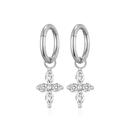 Ourania 16G Gold Stainless Steel Zircon Dangle Huggie Hoop Rook Piercing Helix Hoop Earring Tragus Hoop Cartilage Piercing for Women - color: Flower Silver 2PCS, size: 1.2*6mm 2pcs