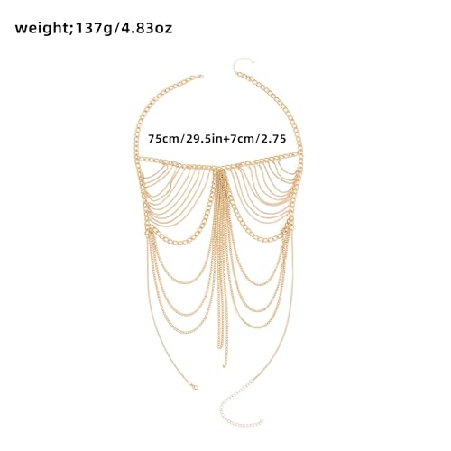 Sexy tassel body chain bra chain gold body jewelry bikini chain beach shoulder chain accessories carnival nightclub party gift (golden-3666) - style: golden-3666