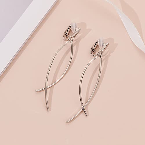 CLASSYZINT New Clip On Earrings,2 Pieces Thin Curve Bar,Long Dangle Earrings For Women