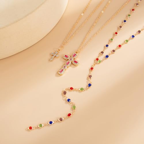 GIGB PBDK Gold Cross Layered Necklaces for Women,Long Colorful Crystal Drop Necklace Unique Big Crucifix Necklace Set,Aesthetic Religious Jewelry Accessories - color: Gold2