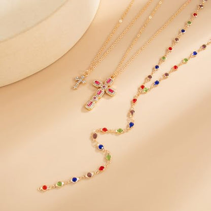 GIGB PBDK Gold Cross Layered Necklaces for Women,Long Colorful Crystal Drop Necklace Unique Big Crucifix Necklace Set,Aesthetic Religious Jewelry Accessories - color: Gold2