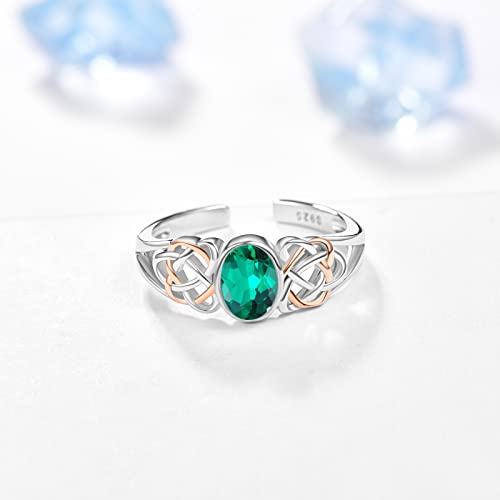PRAYMOS 925 Sterling Silver Ring Birthstone Ring Turquoise Moss White Opal Ring for Women Celtic Knot Open Adjustable Thrumb Ring - color: Green Emerald