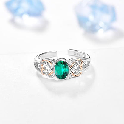 PRAYMOS 925 Sterling Silver Ring Birthstone Ring Turquoise Moss White Opal Ring for Women Celtic Knot Open Adjustable Thrumb Ring - color: Green Emerald