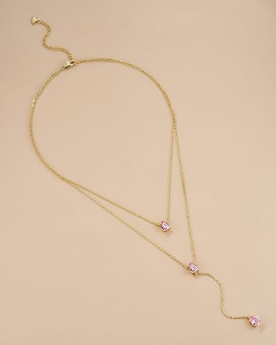 SNGIA Long 18K Gold Plated Blue Green Red Layered Pendant Necklace For Women (Emerald, Ruby, Seafoam, Sky, Sapphire, Pink), Dainty Birthstone Necklace, Statement Necklace Jewelry Gifts. - style: Rose