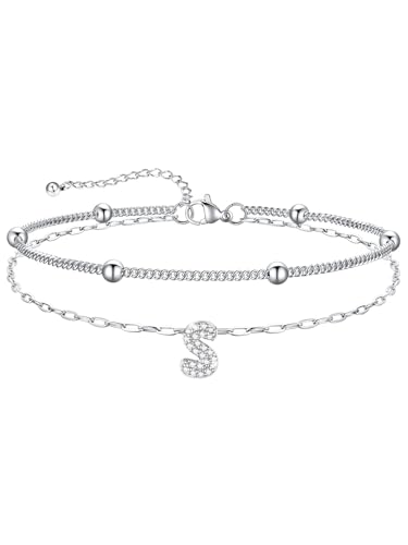 U7 Initial Ankle Bracelets for Women Silver/Gold Anklets Waterproof, 14K Gold Plated Layered Anklets Bracelet Stainless Steel Hypoallergenic 8.5"-10.5" - color: Silver-CZ, size: Small