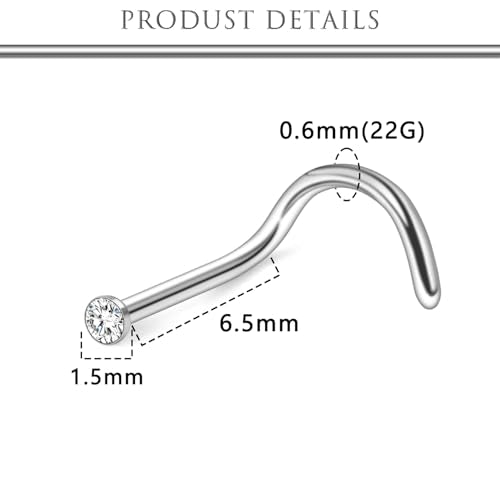 Hoeudjo Nose Studs Surgical Steel Cubic Zirconia Nose Rings Kit for Women Men Tiny Nose Stud Bone & Screw & L Shaped Nostril Piercing Jewelry 18/20/22/24 Gauge 10 Pieces - color: silver-tone,screw nose studs, size: 22g/1.5mm clear CZ