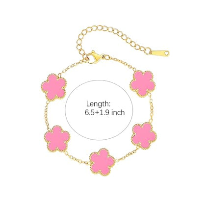 FLY FEI 18K Gold-Plated Four Leaf Clover Bracelet for Women,Adjustable lucky Bracelet Set Jewelry Gift-Hypoallergenic Charm for Birthdays, Wellness & Daily Wear - color: style01-Pink
