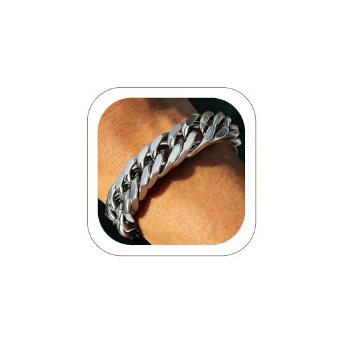 FaithHeart Mens Stainless Steel Cuban Link Bracelet, Tarnish Resistant | 6/8/12/17mm Silver/Black/Gold Sturdy Hip Hop Wrist Chain Bracelets Daily Wear with Gift Box, 7.5"/8.3"/9.1" Length - color: A. Silver-17mm Width, size: Length 8.3 Inches