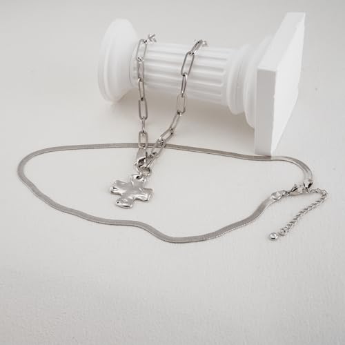 Bheop Chunky Cross Necklace for Women, 14K Gold Silver Statement Necklace | Sturdy Paperclip Chain, Hammered Pendant, Vintage Charm, Trendy Costume Jewelry, Faith Christian Religious Gift, Non Tarnish - style: SL-2PCS/0.8 inch Cross+Herringbone Necklace