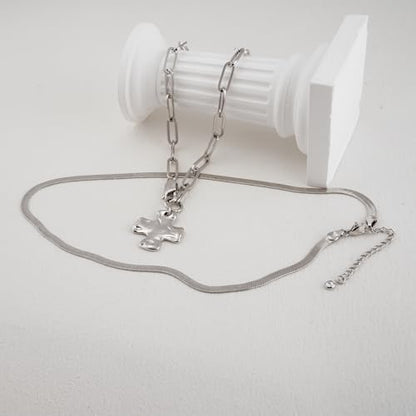Bheop Chunky Cross Necklace for Women, 14K Gold Silver Statement Necklace | Sturdy Paperclip Chain, Hammered Pendant, Vintage Charm, Trendy Costume Jewelry, Faith Christian Religious Gift, Non Tarnish - style: SL-2PCS/0.8 inch Cross+Herringbone Necklace