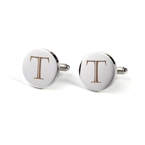 Mens Initial Silver Cufflinks A-Z Alphabet Letter Steel Cuff Links with Engraved Walnut Wood Box Groom Groomsman Wedding Set… - style: T