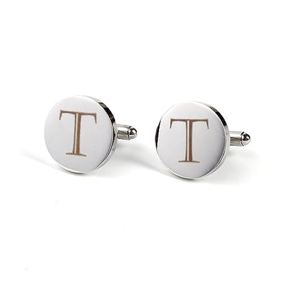 Mens Initial Silver Cufflinks A-Z Alphabet Letter Steel Cuff Links with Engraved Walnut Wood Box Groom Groomsman Wedding Set… - style: T