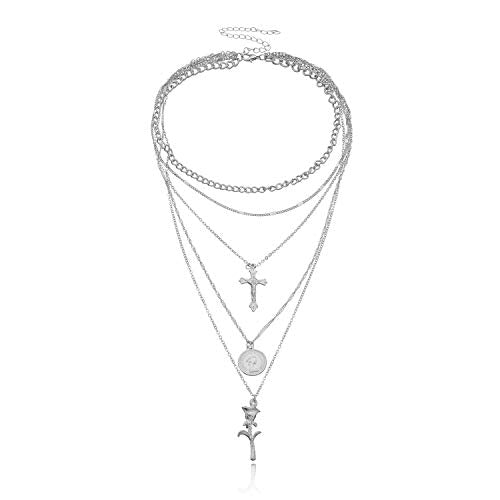 PLOUTOS Cross Coin Rose Layered Multi Chain Choker Necklace Set For Women Rhinestone Gold Silver Five Layer Adjustable Statement Fashion Chunky Boho Punk - color: Silver