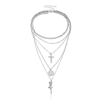PLOUTOS Cross Coin Rose Layered Multi Chain Choker Necklace Set For Women Rhinestone Gold Silver Five Layer Adjustable Statement Fashion Chunky Boho Punk - color: Silver