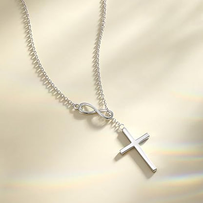 FANCIME White Gold Plated 925 Sterling Silver High Polished Infinity Cross Pendant Lariat Necklace Y Necklace Gift for Women, 18" - color: Y cross