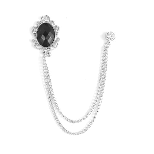 Men's Gem Tassel Brooch Lapel Pin Elegant Badge Hanging Chains Collar Brooches Pin for Career Suit Tuxedo of Shirts Tie Hat Scarf for Boyfriend Father Birthday - style: Silver with Black Crystal