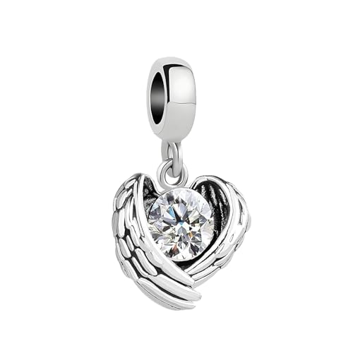 KunBead Guardian Angel Heart Wings Birthstone Dangle Birthday Charms Compatible with Pandora Charm Bracelet for Women - color: White
