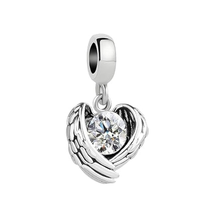 KunBead Guardian Angel Heart Wings Birthstone Dangle Birthday Charms Compatible with Pandora Charm Bracelet for Women - color: White
