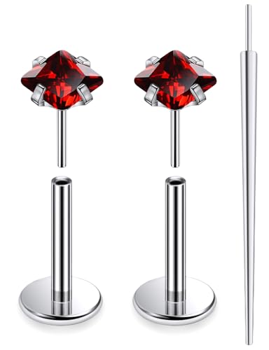 20G 18G 16G F136 Titanium Threadless Flat Back Earrings Nose Studs Tragus Forward Helix Conch Cartilage Lobe Earrings Medusa Labret Snake Bite Monroe Lip Ring Piercing Jewelry For Women Men - color: Red, size: 20G-7MM Bar-CZ 3MM