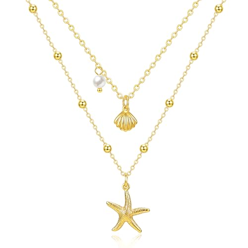 Zeffy Gold Pearl Necklace for Women, Dainty 14K Gold/Silve Plated Layered Pearl Choker Pearl Earrings Pearl Bracelets Wedding Trendy Gold Jewelry Set for Women Gifts - style: Gold Starfish Shell Necklace-2PCS