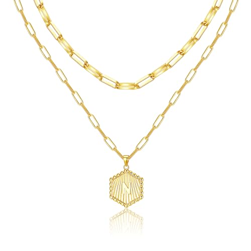 Layered Initial Necklace for Women | Gold Plated Paperclip Chain with Sunburst Hexagon Letter Pendant | Double Layer Alphabet Necklace | Personalized Minimalist Jewelry Gift - color: N