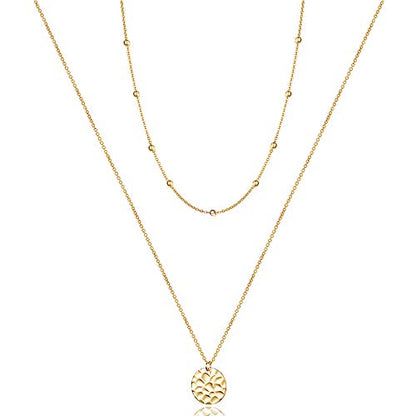 Turandoss Dainty Layered Choker Necklace, Handmade Y Pendant Necklace Multilayer Bar Disc Necklace Adjustable Layering Choker Necklaces for Women - style: 2PCS - Chain&Hammered Disc